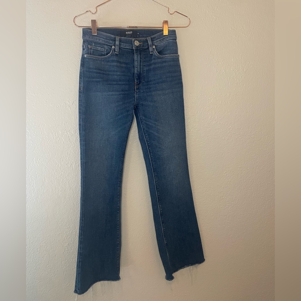 Hudson Barbara SCR Crop Flare Jeans Womens 25 Blue Medium Wash Raw Hem Stretch